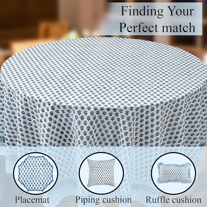 CPC Round Tablecloth- Cotton Indian Block Print Tablecloth -Handmade Printed Washable Cotton Table Cloth - Spring/Summer, Wedding Table Cover - Apatite Blue 120 Inch