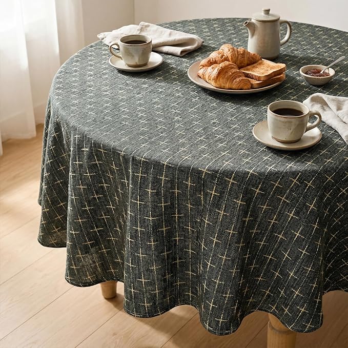 Horaldaily Taupe Round Table Cloth, Cross-Star Solid Textured Embroidery Tablecloth, Wrinkle Free Washable 60×60 Inch Table Cover for Kitchen, Party, Wedding, Picnic, Outdoor