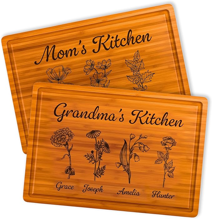 Personalized Cutting Boards for Mom - Grandma, Birth Flower Mother's Garden, Birthday Mothers Day Gift From Grandkids, Son - Daughter, Charcuterie Board for Mom's Kitchen, Valentines Day Gifts for Her