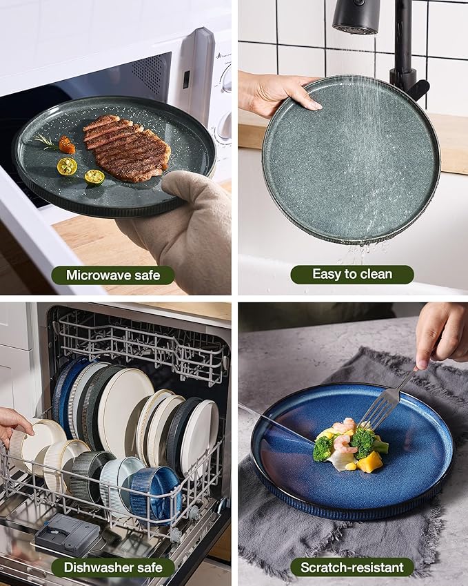 Famiware Star Stoneware Dinnerware Sets for 6 (24pcs), Chip and Scratch Resistant, Microwave & Dishwasher Safe Complete Dishes, Pasta Bowl, Cereal Bowl, Dinner Plate, Salad Plate, Ribbed, Deep Forest