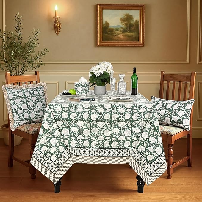 Ridhi -Turquoise Moss Green Cotton Tablecloth, Handblock Print Floral Table Cloth for Kitchen Dining Linen I Thanksgiving, Christmas, Wedding, Fall Décor 4 Seater 60x60 Inches Square