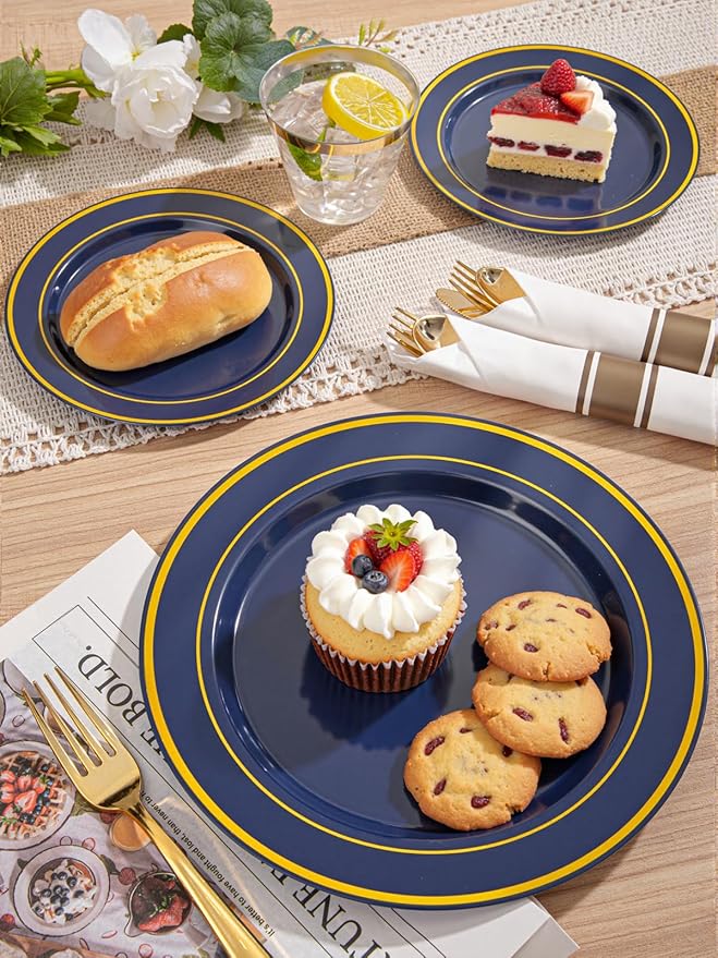 175PCS Blue and Gold Plastic Plates - Navy Blue Plates with Pre Rolled Napkins for Party - 25Guest Disposable Dinnerware Sets for Party/Birthday/Wedding