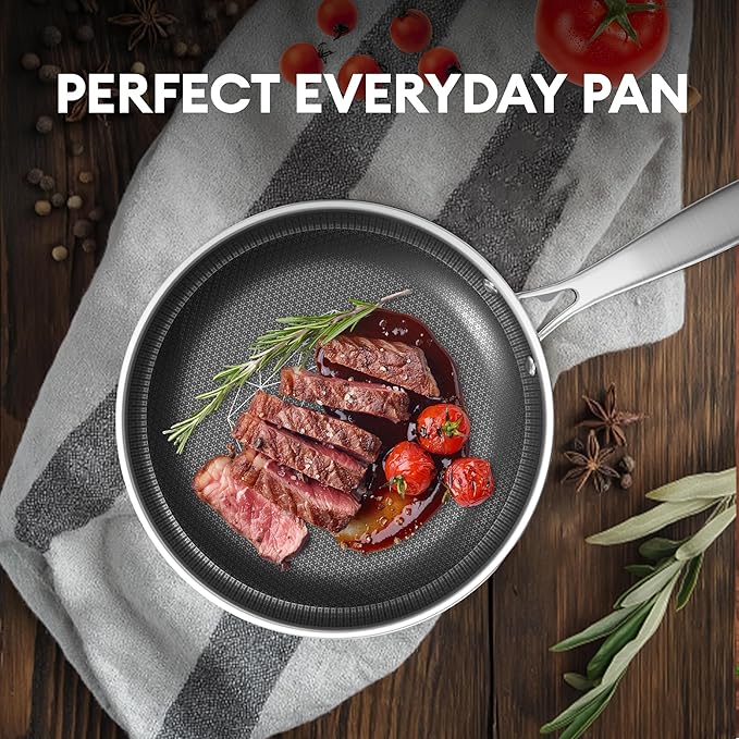 COOKING KING 10-Inch Stainless Steel Pan, Hybrid Nonstick Frying Pan, Skillet, 3-Ply Clad Cookware, Even Heat Distribution, Dishwasher & Oven Safe, with Stay-Cool Handle, Induction Compatible
