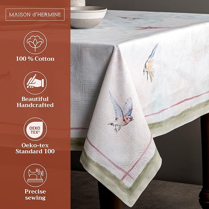 Maison d' Hermine Table Cloth Rectangle Table 100% Cotton 70 x 90 Inches Tablecloth Reusable Decorative for Dining Room Farmhouse Home Valentines Day Decorations Spring Summer - Flying Birds