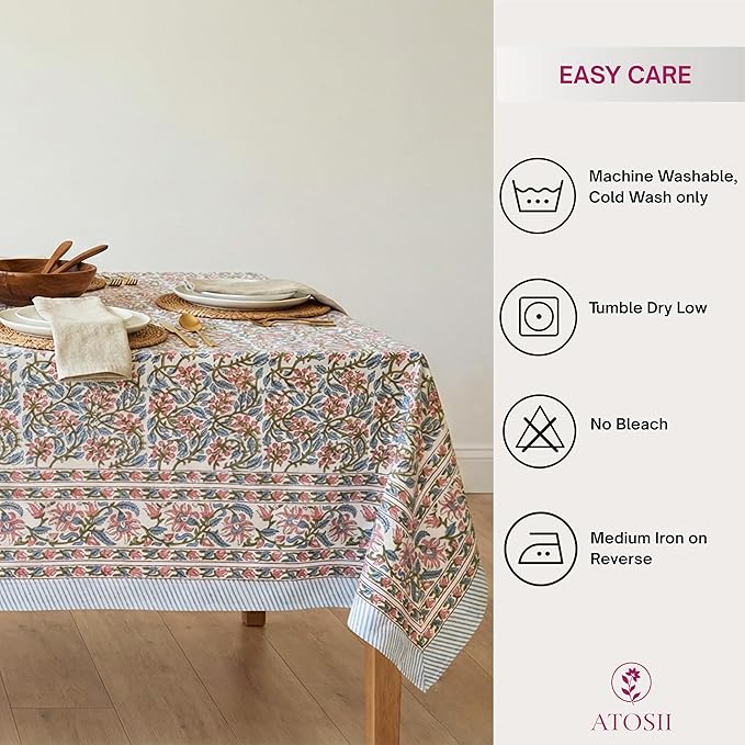 ATOSII Kalina 100% Cotton Fall Rectangle Tablecloth, Handblock Print Floral Table Cloth for Kitchen Dining Linen I Weddings Outdoors Easter Spring Summer I 72 X 108 Inches I 8 Seater