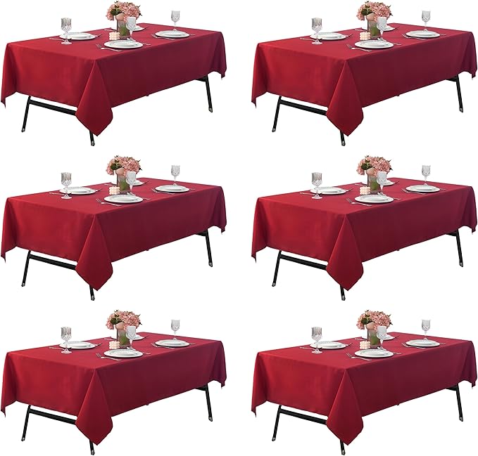 6-Pack 60x144 inch Burgundy Table Cloths, Solid Stain and Wrinkle Resistant Oblong Tablecloth, Premium Plain Weave Polyester Fabric Rectangle Table Linen Covers for Hotel, Banquet