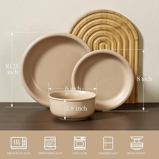 GZG Vintage Series - Ceramic Dinnerware Set for 4, 12 Pieces Stoneware Plates and Bowls Set, Lead-Free, Handcrafted Dishes Set, Microwave & Dishwasher Safe - Warm Apricot