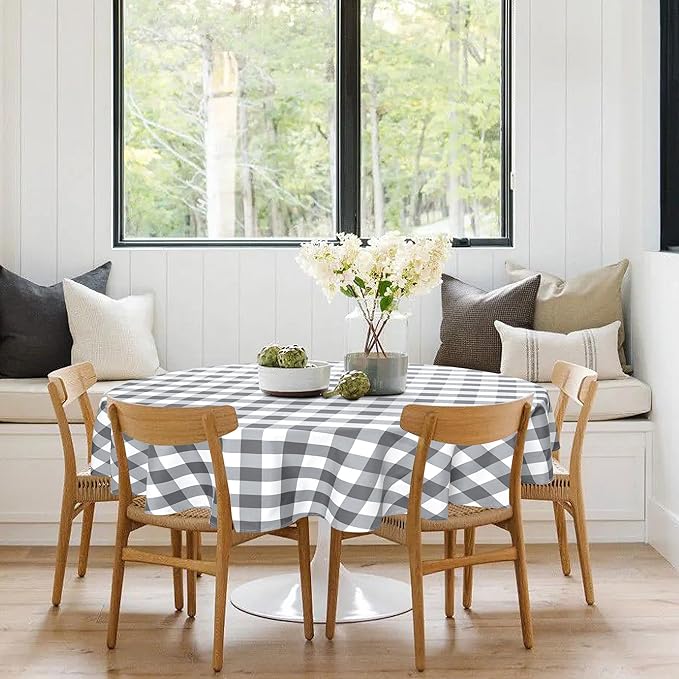 Hiasan Checkered Round Tablecloth 70 Inch - Waterproof Stain and Wrinkle Resistant Washable Fabric Table Cloth for Dining Room Party Outdoor Picnic, Grey and White