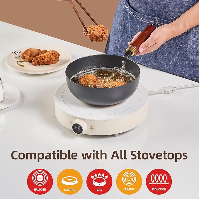7.8 Inch Small Wok, Cold-Forged Iron Pot with Wooden Lid & Handle, 1.6 QT Sauce Pan for 1-2 Servings, Multipurpose Flat Bottom Wok for Stir-Fry, Pasta & Soup, Induction Compatible