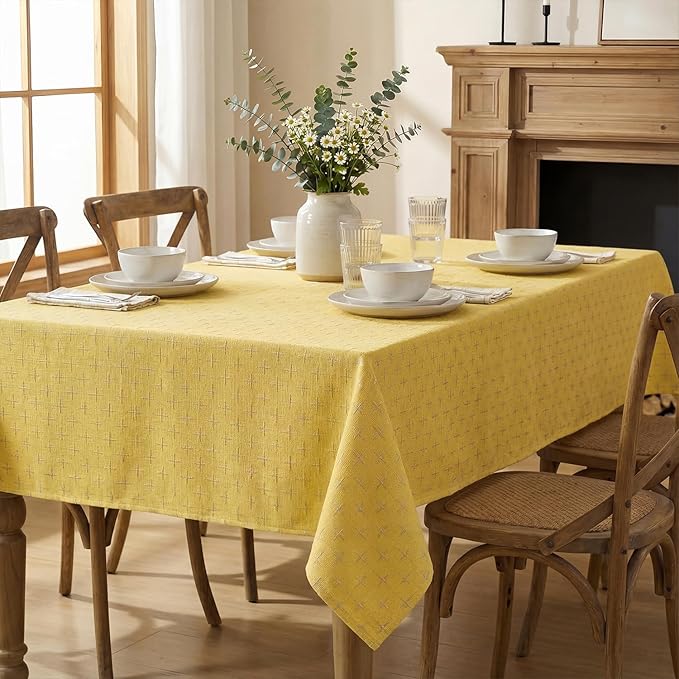 Horaldaily Yellow Rectangular Table Cloth, Cross-Star Solid Textured Embroidery Tablecloth, Wrinkle Free Washable 60×120 Inch Table Cover for Kitchen, Party, Wedding, Picnic, Outdoor