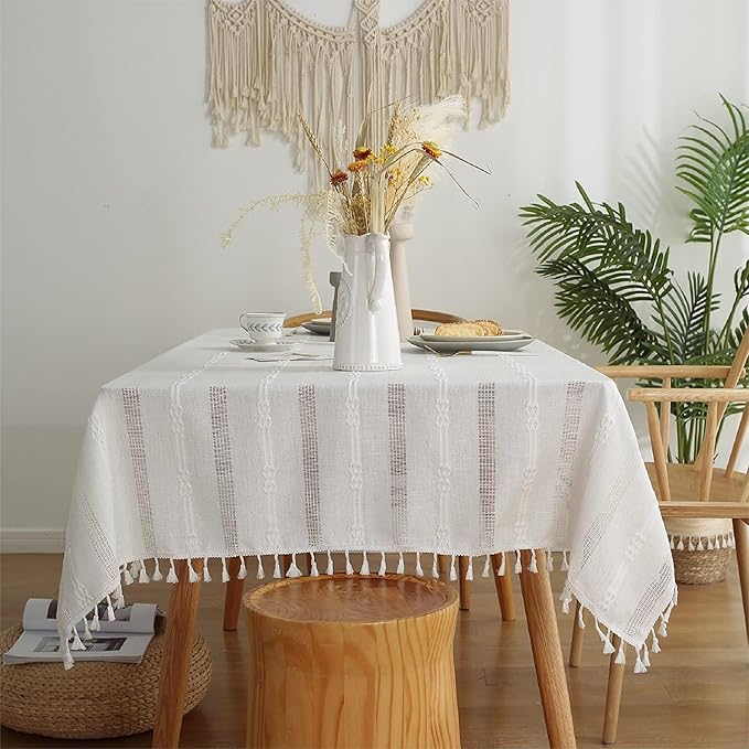 Pahajim Striped Tablecloth Rectangle with Tassels Thick Linen Cotton Table Cloth for Outdoor Picnic Dining and Holiday Kitchen Decor Rectangle/Oblong,55''x118'', 10-12 Seats