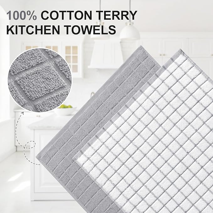 Homaxy Premium Cotton Kitchen Towels 16"x 28", Large Natural Ring Spun 390 GSM Dish Towels, Super Absorbent Terry Kitchen Hand Towels, Soft Tea Towels with Hanging Loop, Light Grey Check, 6 Pack
