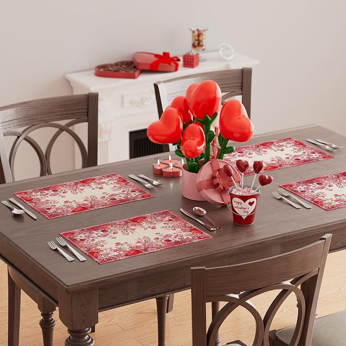 XCHI Wild Flowers Love Hearts Valentine’s Day Placemats Set of 6 Table Mats for Party Home Kitchen Dining Table Decorations 12x18 Inch