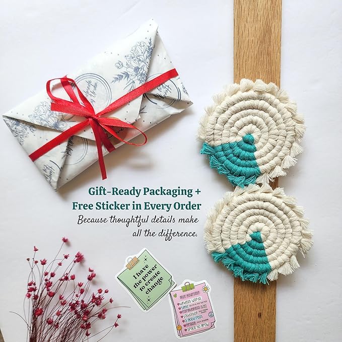 Cotton Car Coasters for Cup Holders, 2PC Car Cup Coasters, Drink Coaster Holder, Cute cupholder Coaster Accessories for Women, Macrame, Boho (Ocean Breeze)