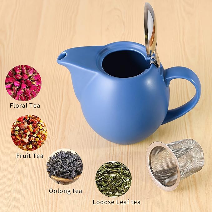 Yundu 32 ounce Blue Porcelain Tea Pot - Stainless Steel Lid and Fine Infuser To Brew Loose Leaf Tea, Enough For 4 Cups