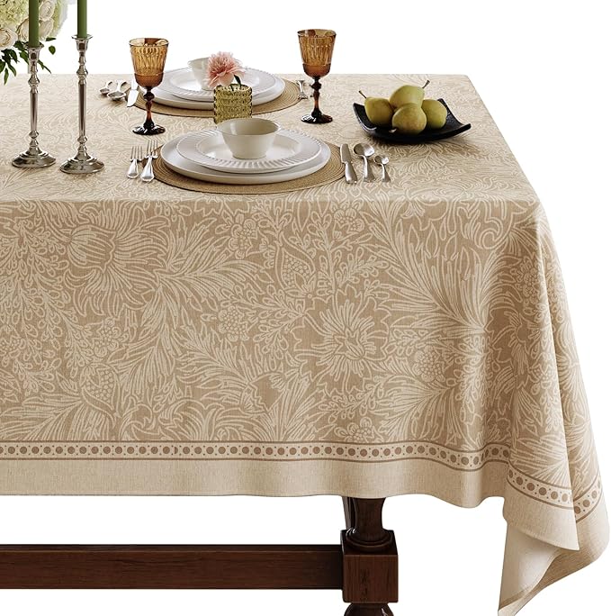 French Linen Tablecloth Rectangular, Vintage Floral Beige Table Cloth, Waterproof Table Cover for Picnic Dining Party Wedding Christmas, Ivory Beige, 67x118''
