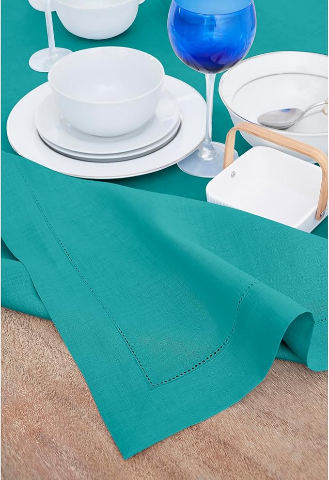 Solino Home Linen Teal Table Runner 72 Inches Long - 100% Pure Linen Hemstitch Table Runner 14 x 72 Inch for Dresser, Dining - Classic Hemstitch