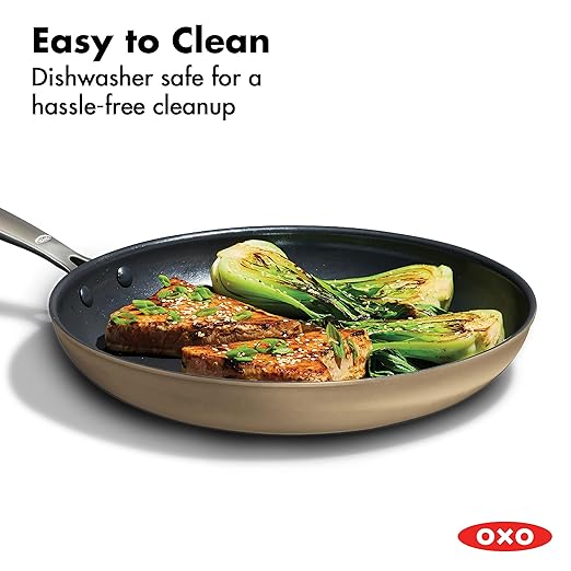 OXO Enhanced 12” Nonstick Frying Pan Skillet with Lid, Ceramic PFAS-Free Cookware, Stainless Steel Handle, Eggs & Omelets, Dishwasher & Oven Safe, Biscuit Brown