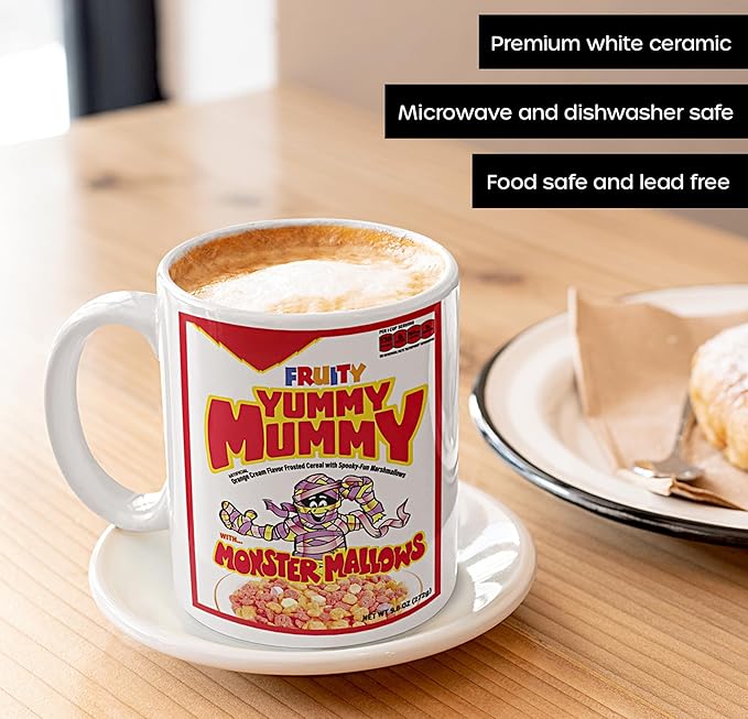 Yummy-Mummy Coffee Mug – Retro Cereal Monster Design, Ceramic, Microwave Dishwasher Safe, Perfect for Collectors Breakfast Lovers – Vintage Halloween Novelty 11 Oz White