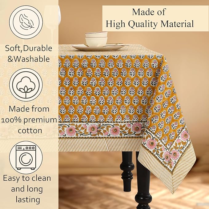 CPC Tablecloth 100% Cotton 80x120 Inch Indian Block Print Rectangle Table Cover, Gray Table Cloth for Weddings, Spring/Summer, Barbeque - Yellow Citrine