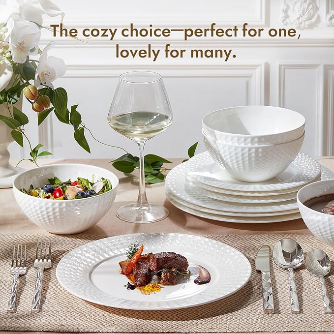 KINGSTONE Bone China Dinnerware Set, 18-Piece White Lightweight Porcelain for 6, Plates and Bowls with Rhombus patterned edge design, Microwave and Dishwasher Safe, for Family, Restaurant, Gifting
