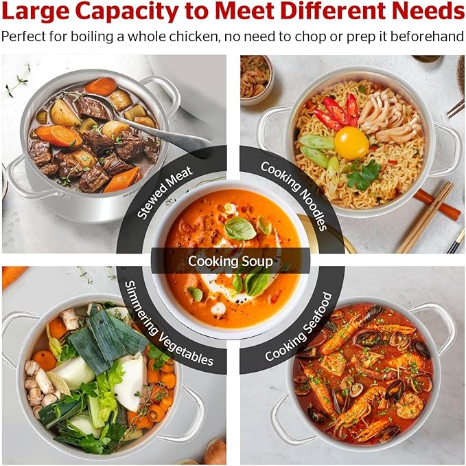 SUNHOUSE Stainless Steel Stock Pot - 15 Quart Heavy-Duty Induction Cooking Pot with Visible Lid for Pasta, Soup, Spaghetti - Nonstick Thick-Bottom Deep Stockpot for Canning, Boiling, and Simmering