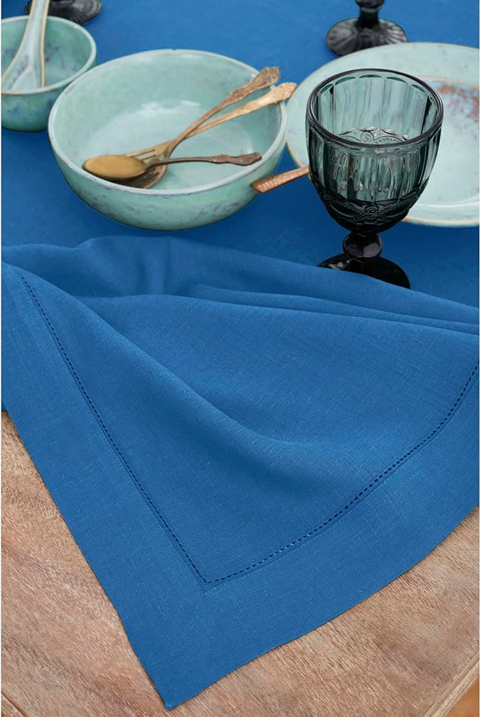 Solino Home Linen Indigo Blue Tablecloth 60 x 144 Inch - Classic Hemstitch, 100% Pure Linen Rectangular Tablecloth - Machine Washable Table Cloth for Winter, Spring, Easter