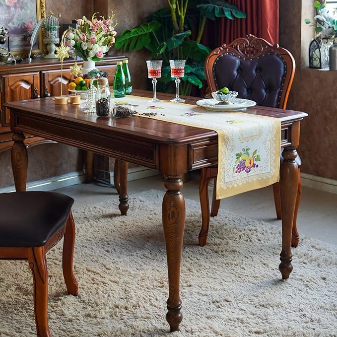 SUTAVIA Lace Embroidered Table Cloth,Rectangular Farmhouse TableCover,Classic Oblong Antique Flower Decor Macrame Tablecloth (Yellow, 14x48 Inch)