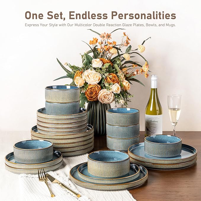 GBHOME 24-Piece Stoneware Dinnerware Set for 8 – Ribbed Ceramic Plates and Bowls, Scratch-Resistant, Microwave & Dishwasher Safe, Reactive Glaze, Deep Ocean