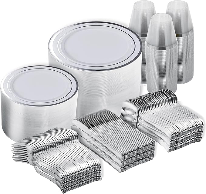 N9R 600PCS Silver Disposable Plastic Plates, Silver Plastic Dinnerware Set Includes 100 Dinner Plates, Dessert Plate, Cups, Spoons, Forks, Knives for 100 Guests, Perfect for Party, Wedding, Birthday
