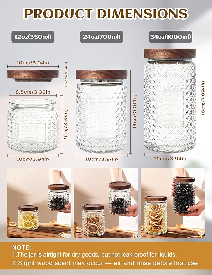 Glass Jars with Wood Lids Labels and Pen - Airtight Storage Container for Kitchen Pantry Bathroom Countertop, Decorative Vintage Canister for Candy, Cookie, Treat, Sugar, Coffee, Tea, Salt, Set of 3