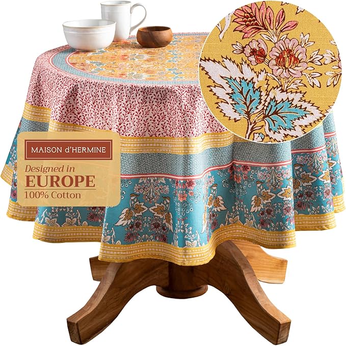 Maison d' Hermine Table Cloth Round Table 100% Cotton 63 Round Inches Tablecloth Reusable Decorative for Dining Room Farmhouse Home Valentines Day Decorations Spring Summer - Marquise