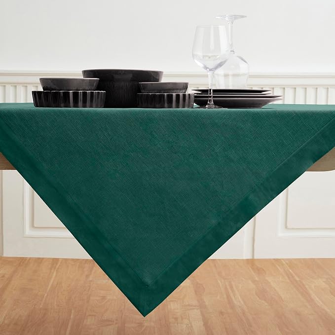 Solino Home Linen Tablecloth 52 x 52 Inch - 100% Pure Linen Rainforest Green Square Tablecloth - Fete, Machine Washable Table Throw for Winter, St Patricks Day