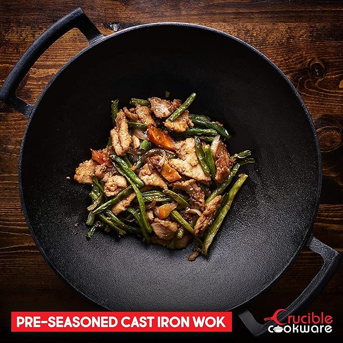 Crucible Cookware 14-Inch Cast Iron Wok Set (Pre-Seasoned), Glass Lid & Silicone Hot Handle Holders