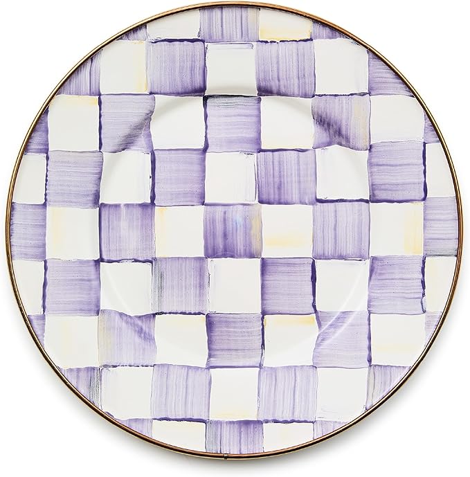 MACKENZIE-CHILDS Enamel Salad and Dessert Plate, Small Plate for a Dessert or Appetizer Dish, 8 Inches, Purple-and-White Violet Check