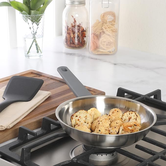 Oster Beauford 8-Inch Stainless Steel Frying Pan – Induction, Oven & Dishwasher Safe Skillet, Soft-Touch Gray Handle, 5-Ply Encapsulated Bottom