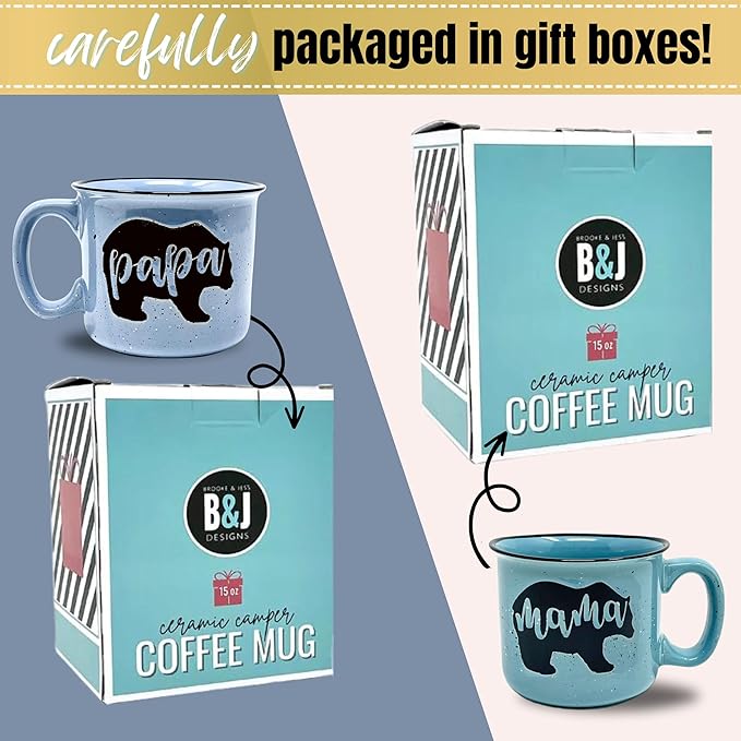 Mama and Papa Bear 15 oz Coffee Mug for Mom, Mother, Wife and Dad - Cute Coffee Cups for Women - Unique Fun Gifts for Her, Mother's Day, Christmas (Mama Bear Teal and Papa Bear Light Blue Gift Set)