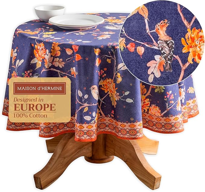 Maison d' Hermine Table Cloth Round Table 100% Cotton 69 Inches Fall Tablecloth Reusable Everyday Use for Thanksgiving Christmas Decorations Dining Farmhouse Party (Kelim - Infinity)