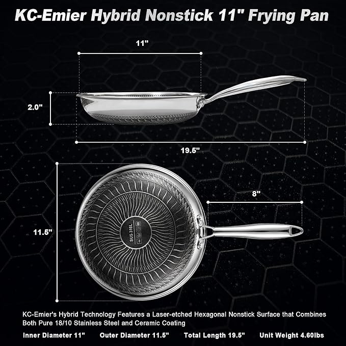 11 Inch Non-Stick Frying Pan Tri-Ply Stainless Steel Pan with Stay-Cool Handle Oven & Dishwasher Safe For Induction, Ceramic & Gas Stovetops