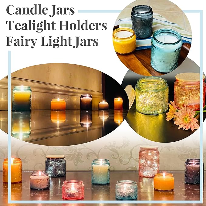 4 oz Colored Mini Glass Jars with Airtight Bamboo Lids 24 pack, Decorative Small Food Storage Canister, Vintage Embossed Home Décor Candle Parties Wedding Baby Shower Favors Gift