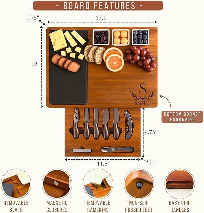 Personalized Acacia Wood Charcuterie Board Set with Stainless Steel Knives – Custom Cheese Board for Wedding, Valentines Day Gifts for Her, Housewarming, Bridal Shower, Anniversary, Women and Couples