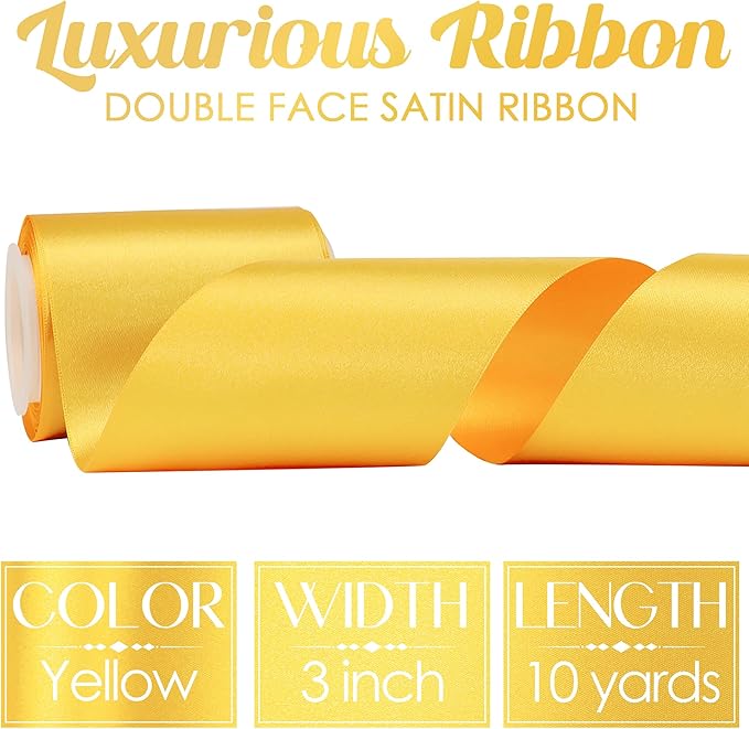 MEEDEE Yellow Satin 3 Inch Ribbon Lux Double Faced Satin Ribbon Wide Fall Autumn Colored Ribbons by 10 Yards Yellow Ribbons for Christmas Tree, Weddings, Flower Bouquet, Wreath Bow Making