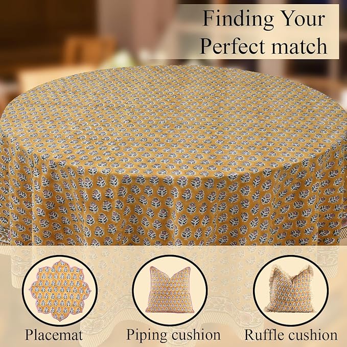 CPC Round Tablecloth- Cotton Indian Block Print Tablecloth -Handmade Printed Washable Cotton Table Cloth - Spring/Summer, Wedding Table Cover - Yellow Citrine 60 Inch