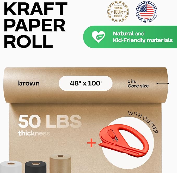 Brown Paper Roll 48" x 1200" (100 feet) with Cutter - USA-Made Wrapping Kraft Paper for Packing, Moving, Shipping & Crafts/Arts - 100% Recyclable Natural Craft Material by IDL Packaging