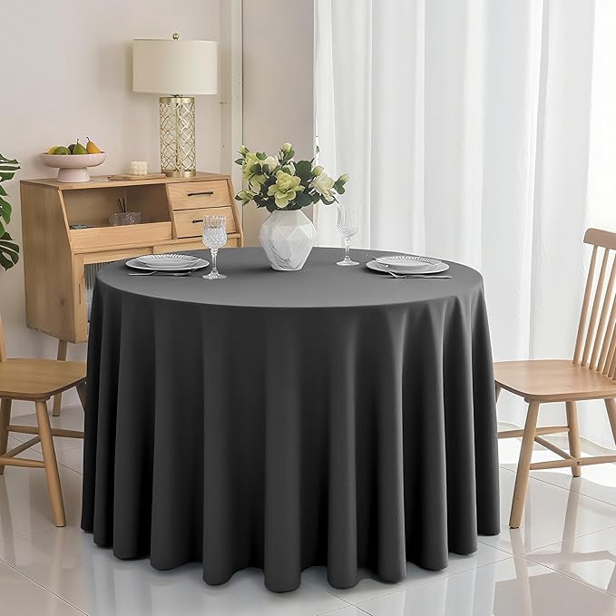 2-Pack Round 120-inch Grey Table Cloths, Solid Stain and Wrinkle Resistant Circular Tablecloth, Premium Plain Weave Polyester Fabric Table Linen Covers for Hotel, Banquet