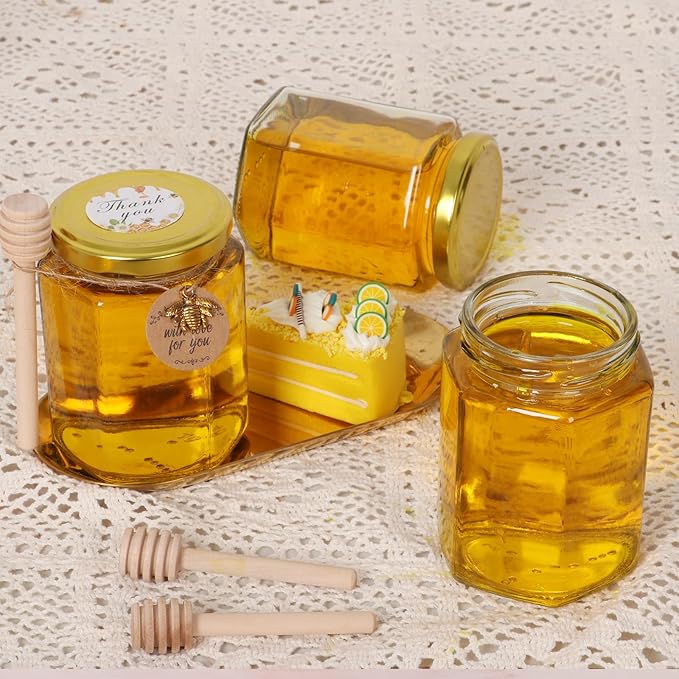 BIGIVACA 9 oz Hexagon Glass Honey Jars with Wood Dippers,6 Pack Honey Jars with Gold Lids,Bee Pendants,Jutes,35 Bee Stickers,Perfect for Baby Shower,Wedding Favors,Party Favors