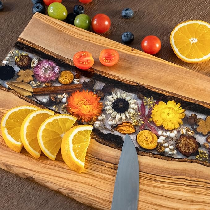 Handmade Olive Wood Charcuterie Boards with Flowers Preserved, Olive Wood Cutting Board, Housewarming Gifts New Home, Wedding Gifts, Birthday Gifts for Woman