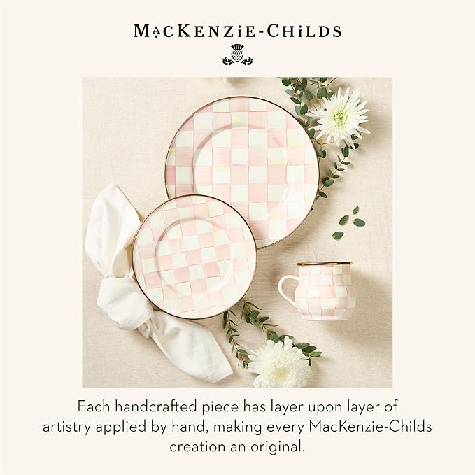 MACKENZIE-CHILDS Enamel Salad and Dessert Plate, Small Plate for Appetizers or Desserts, 8 Inches, Pink-and-White Rosy Check