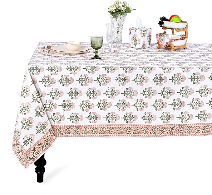 Ridhi Hand Block Print Mughal Buta Peach Rectangle Cotton Tablecloth 102" x 48" Reusable Table Cover Decorative Everyday Use for Dining, Farmhouse, Home Gift for Spring, Easter, Valentine