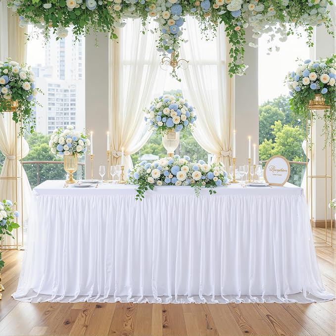 4 Pack White Tulle Tablecloths for 8 Foot Rectangular Tables, 8ft White Tulle Table Skirt, Wrinkle Free Table Cover with Tutu Skirt for Wedding Bridal Shower Birthday Party Banquet Buffet Cake Event